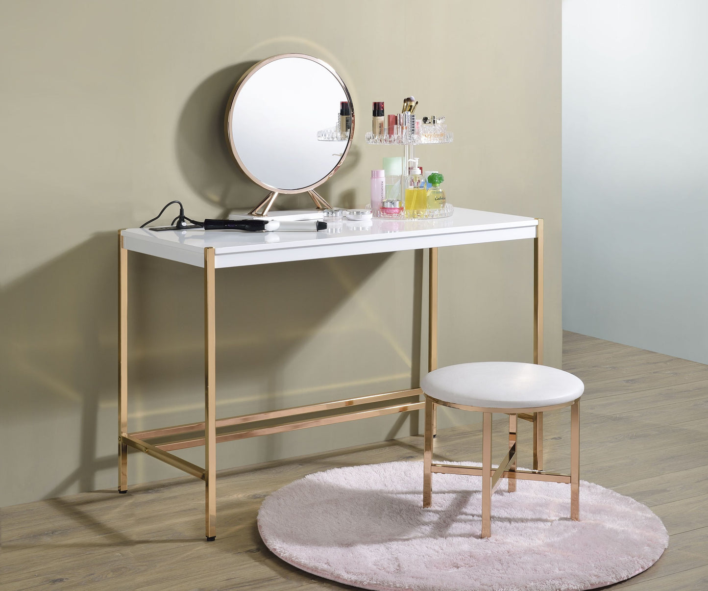 White and Gold Contemporary Writing Desk with USB Port - Midriaks OF00020