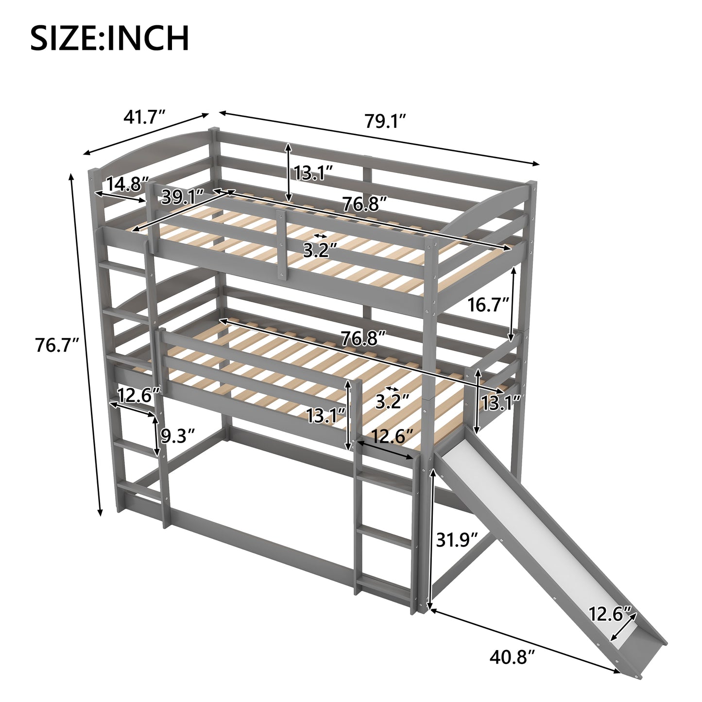 Adjustable Gray Triple Bunk Bed with Ladder, Slide, and Twin Size (OLD SKU: SM000508AAE)