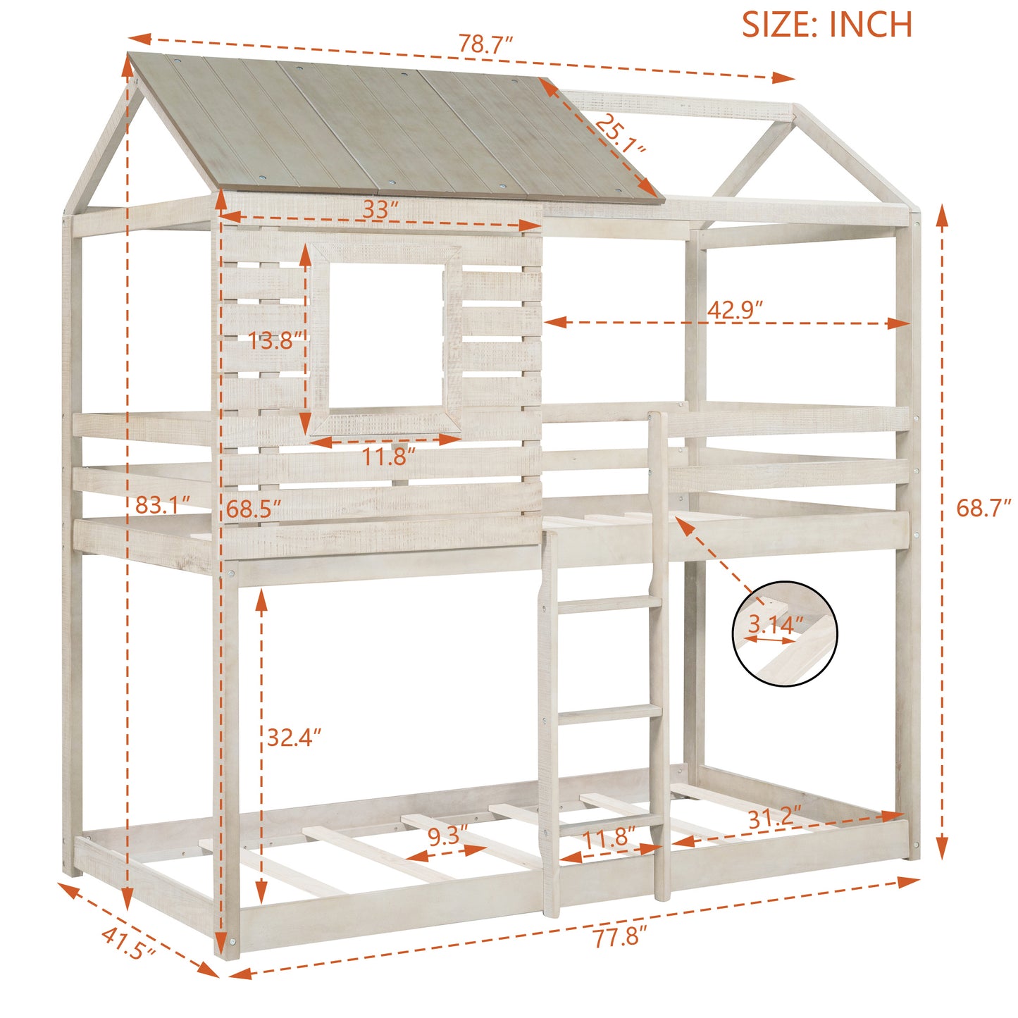 Roofed Wooden Playhouse-Inspired Twin Over Twin Bunk Bed with Window and Guardrail (Antique White)