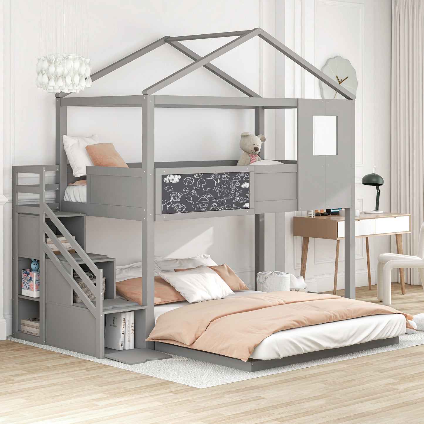 Whimsical Grey House Bunk Bed with Storage Staircase and Window