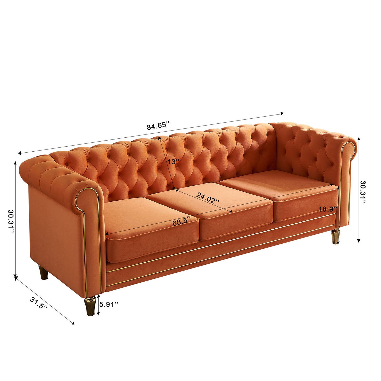 Chesterfield Velvet Sofa 84.65 inch for Living Room ORANGE Color