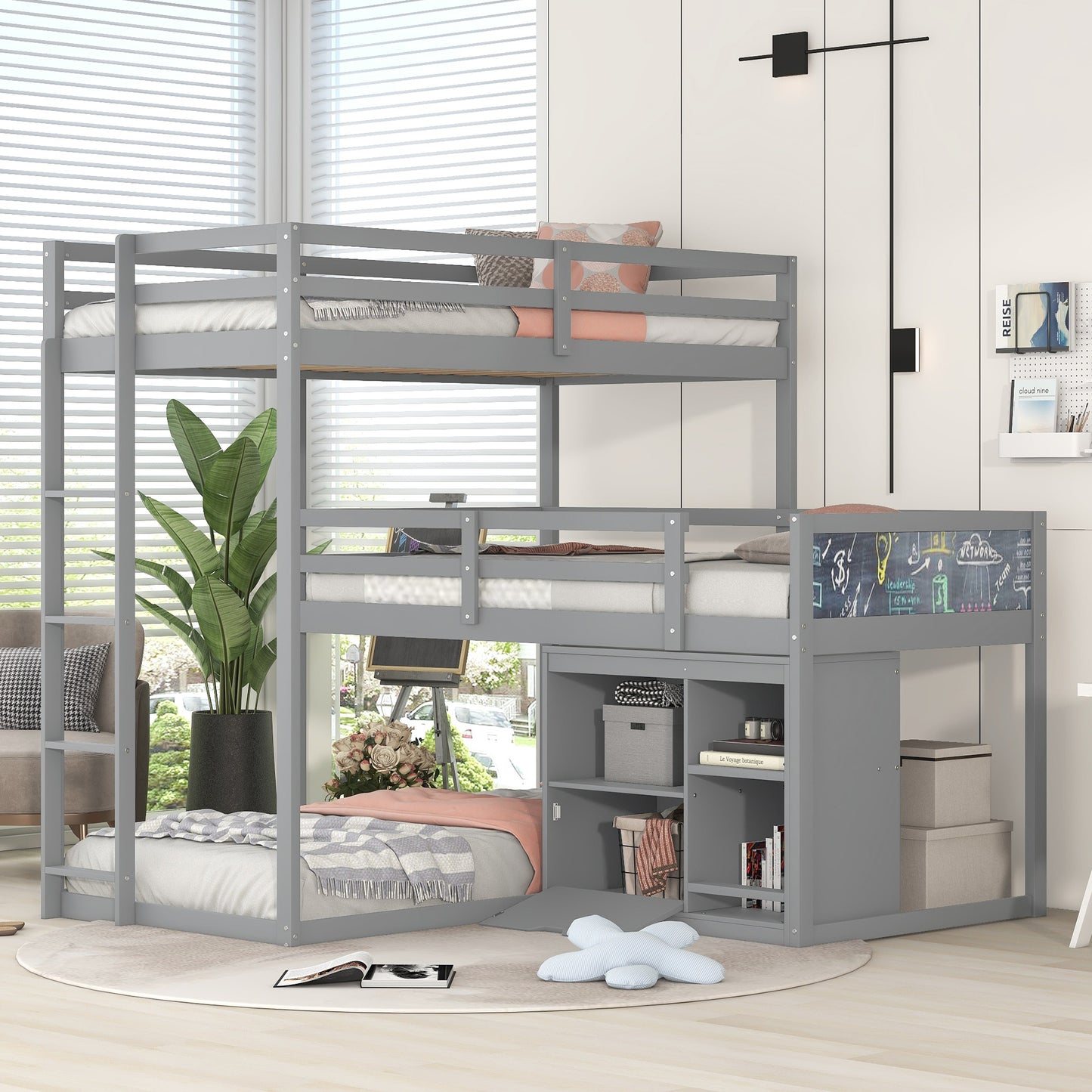 Gray L-shaped Triple Bunk Bed with Storage and Blackboard