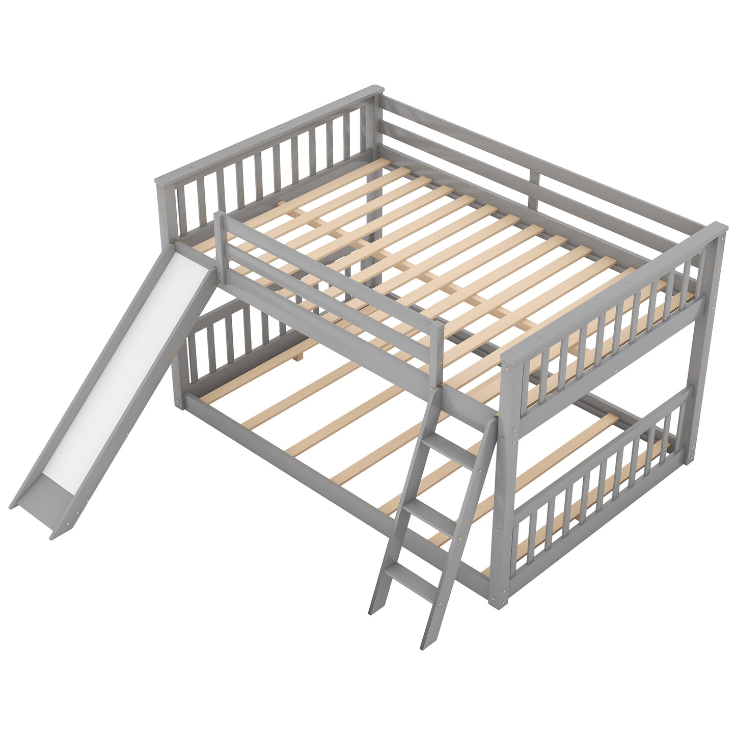 Gray Full Bunk Bed with Slide, Reversible Ladder, and Modern Design