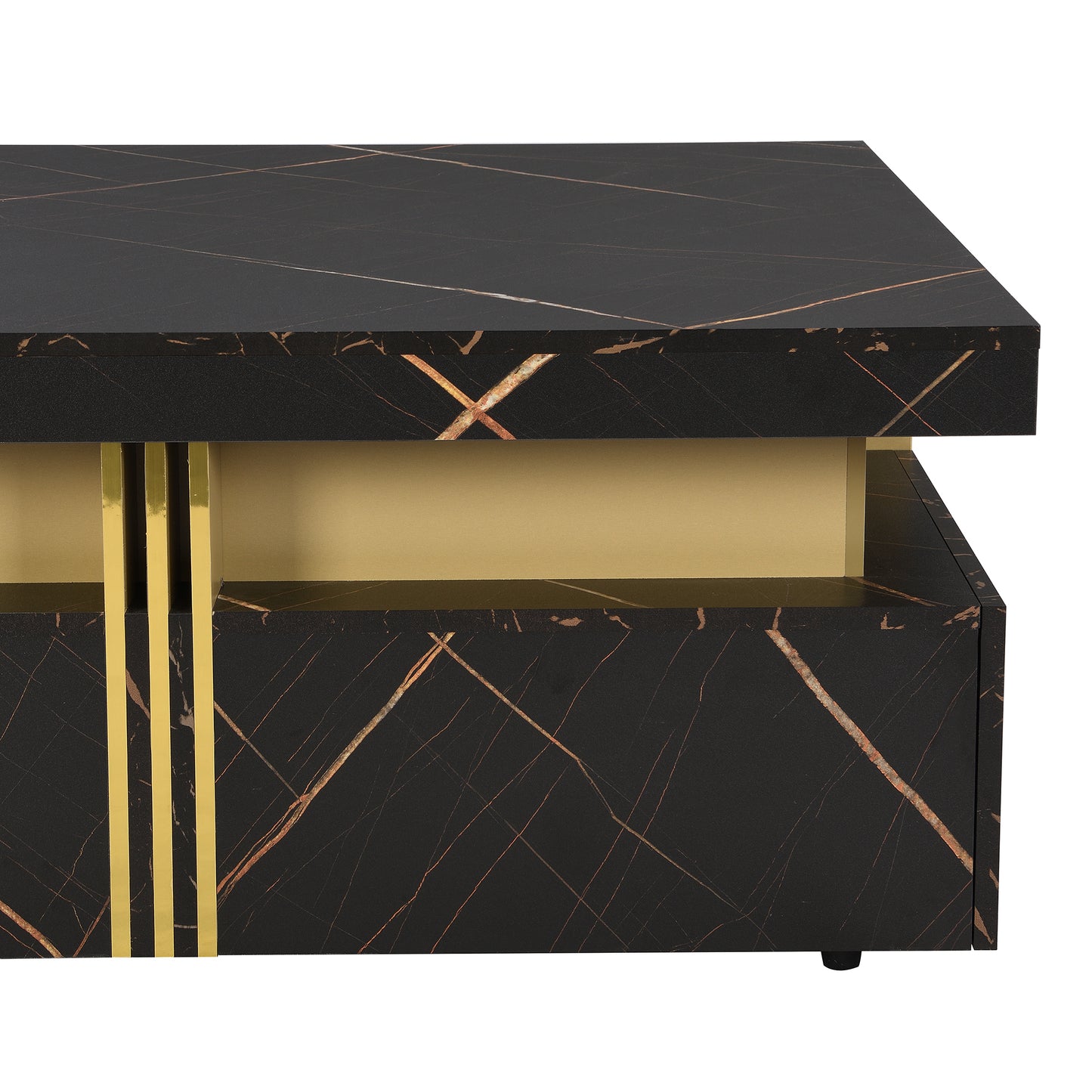 Contemporary Square Black Coffee Table with Gold Accents and Storage Drawers