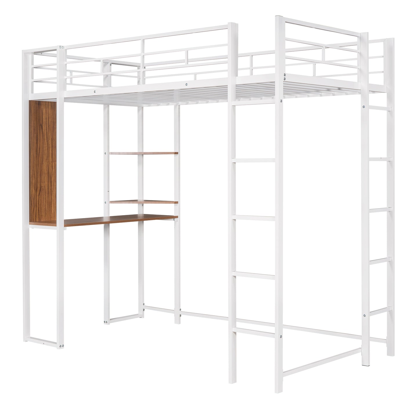 Twin Metal Loft Bed with 2 Shelves and one Desk ,WHITE(: MF281206AAK)