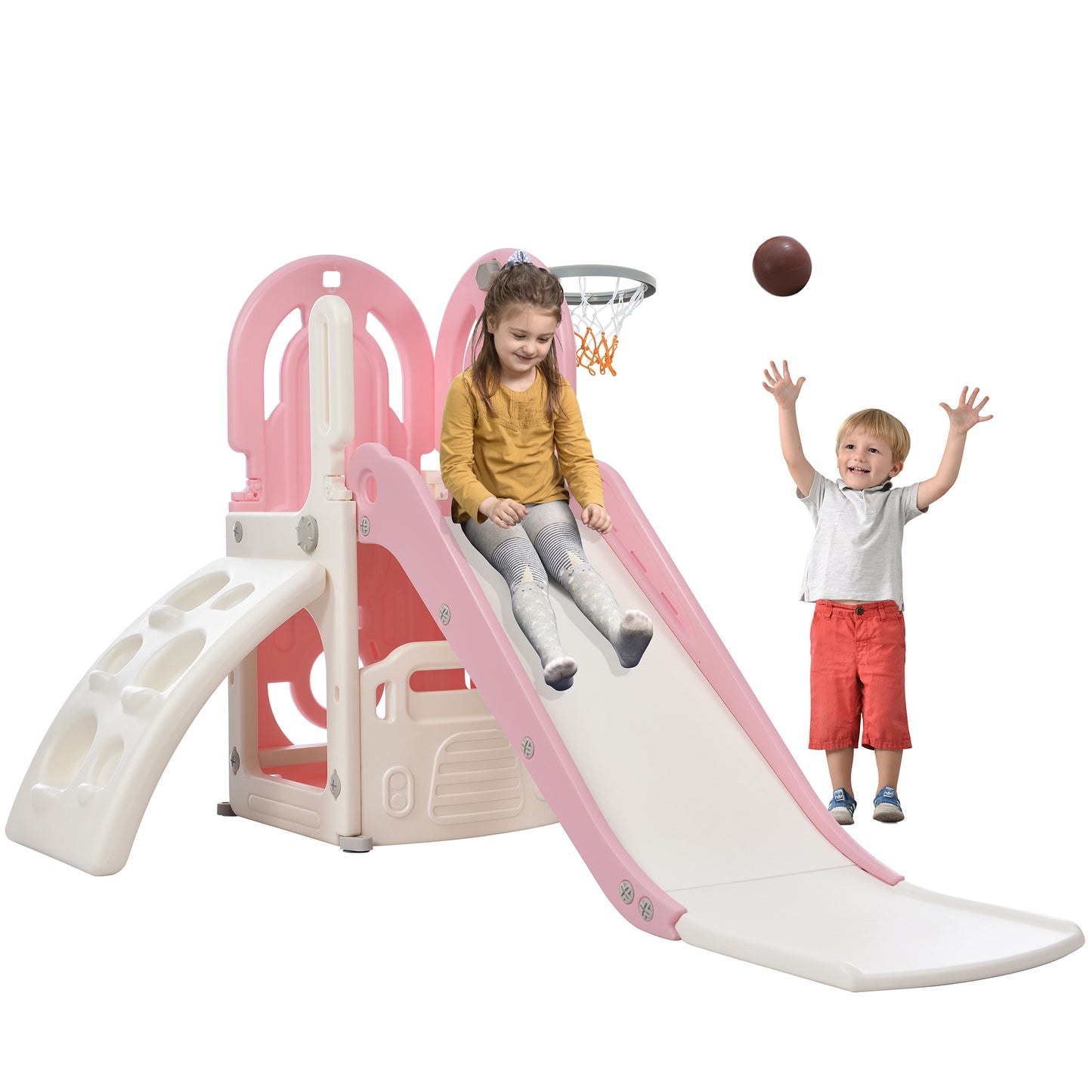 Toddler Climber and Slide Set 4 in 1, Kids Playground Climber Freestanding Slide Playset with Basketball Hoop Play Combination for Babies Indoor & Outdoor