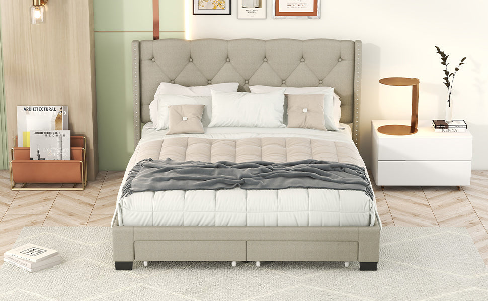 Queen Size Storage Bed Linen Upholstered Platform Bed with Two Drawers - Beige