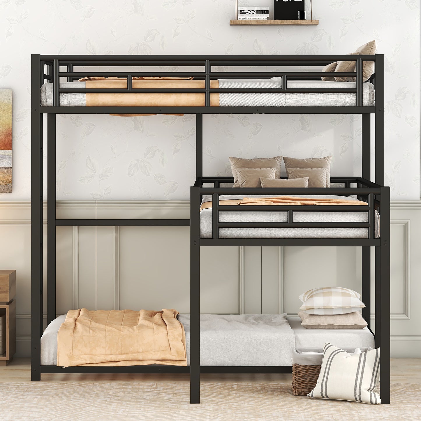 Black Metal Triple Bunk Bed with Desk and L-shaped Design