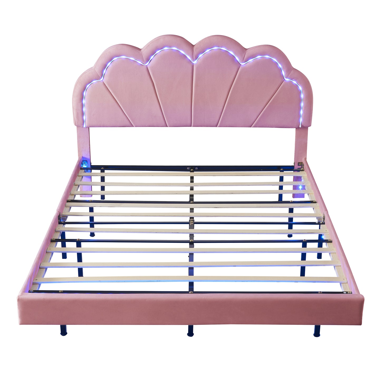 Queen Upholstered Smart LED Bed Frame with Elegant Flowers Headboard,Floating Velvet Platform LED Bed with Wooden Slats Support,Pink