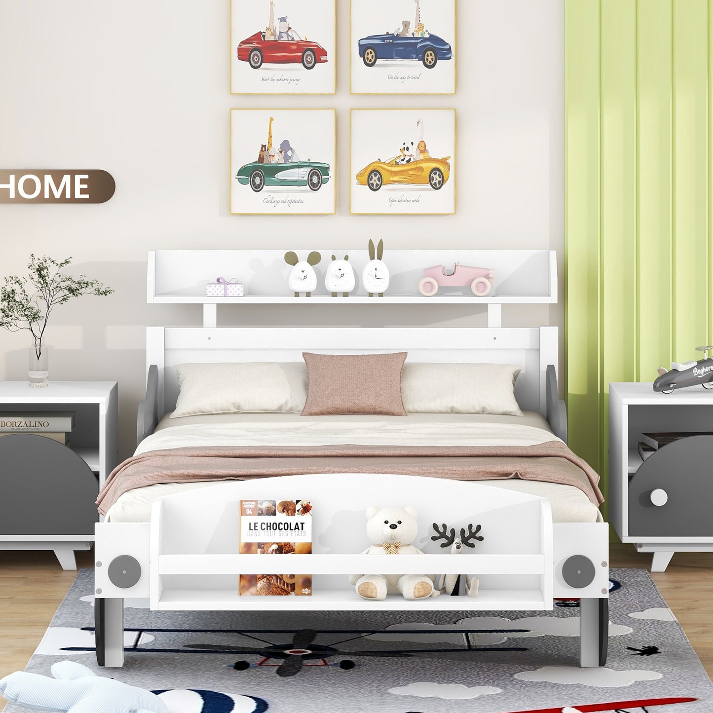 Twin Size Car-Shaped Platform Bed,Twin Bed with Storage Shelf for Bedroom,White