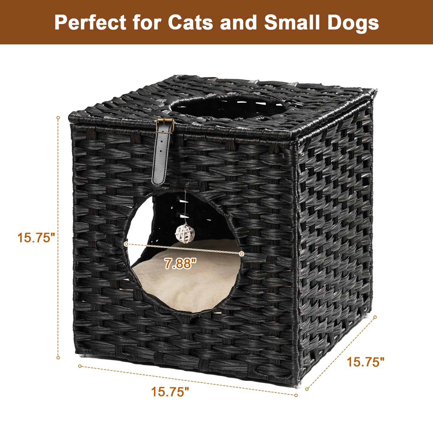 Rattan Cat Litter,Cat Bed with Rattan Ball and Cushion,Black