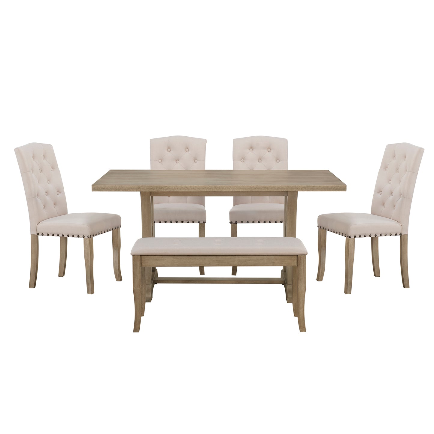 TREXM 6-Piece Farmhouse Dining Table Set, Rectangular Trestle Table and 4 Upholstered Chairs & Bench for Dining Room (Natural Wood Wash)