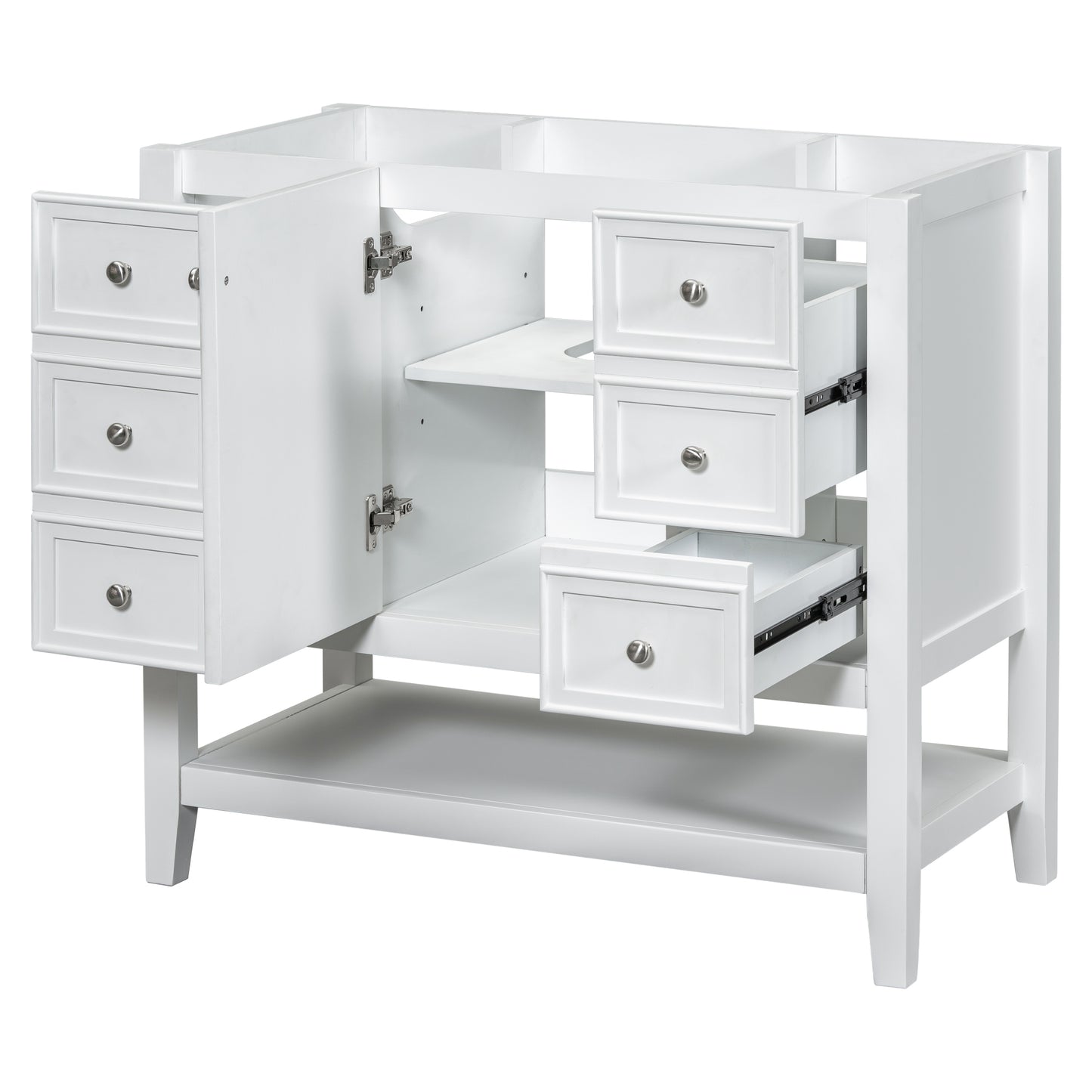 36" Bathroom Vanity without Sink, Cabinet Base Only, One Cabinet and three Drawers, White