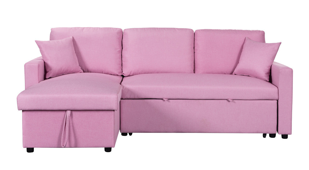 Pink Paisley Linen Fabric Sleeper Sectional Sofa with Storage Chaise