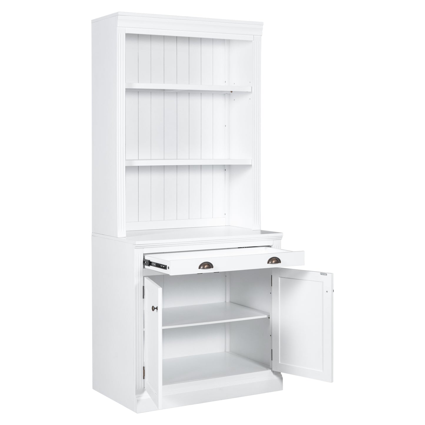 83.4 Tall 2-Piece White Bookshelf & Writing Desk Set with LED Lighting, Storage Drawers, and Doors