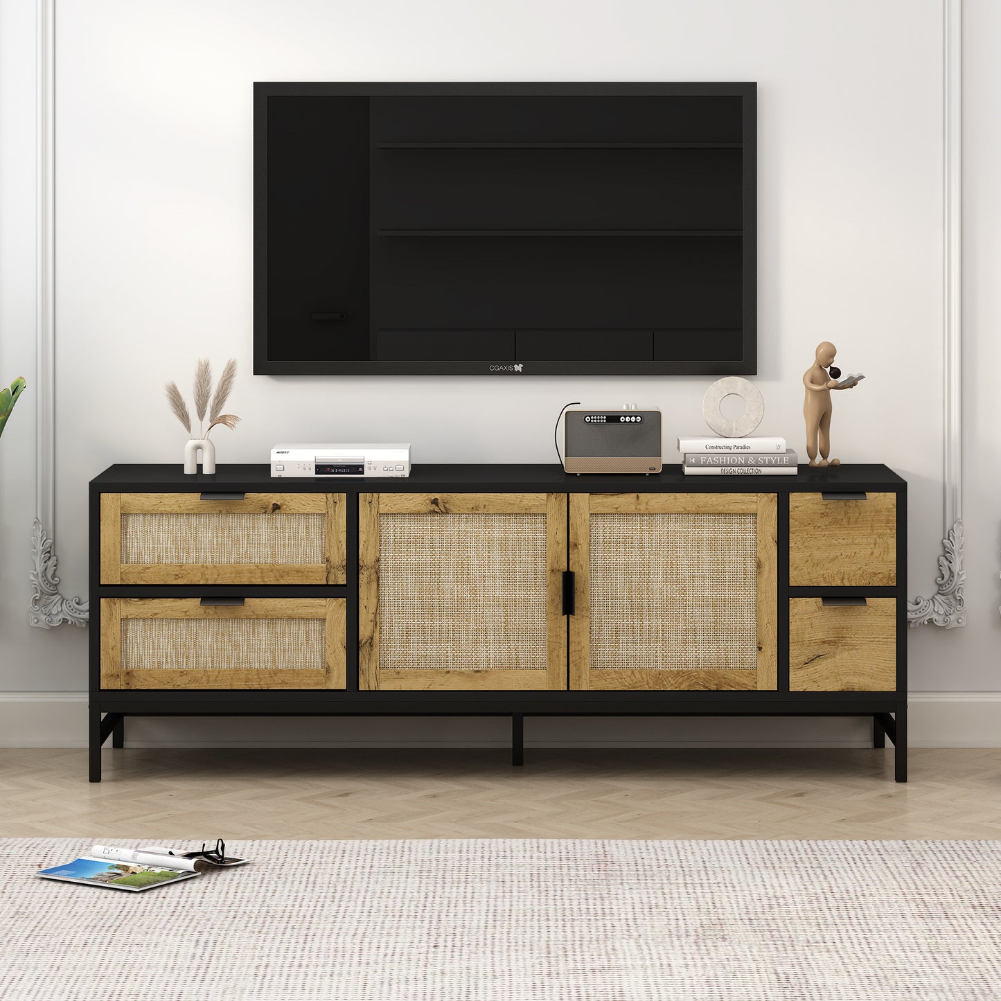 Elegant Boho Style Rattan TV Stand with Adjustable Shelves