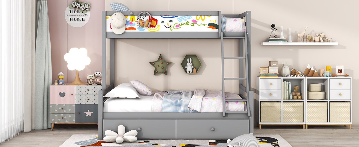 Grey Wood Twin over Full Bunk Bed with Whiteboard, 3 Hooks, and 2 Drawers - Innovative Storage Solution Twin over Full Bunk Bed