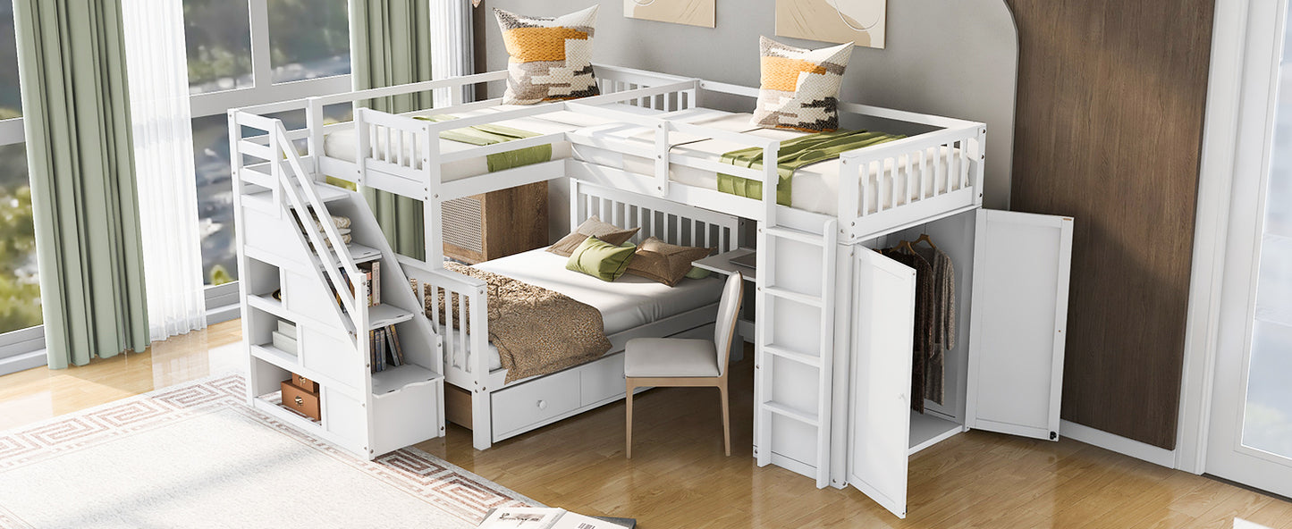 L-Shaped Bunk Bed Set with Desks, Wardrobe, Drawers, White - Space-Saving Sleepover Solution