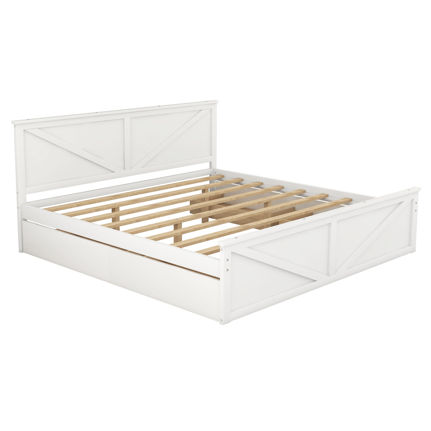 King Size Wooden Platform Bed with Four Storage Drawers and Support Legs, White