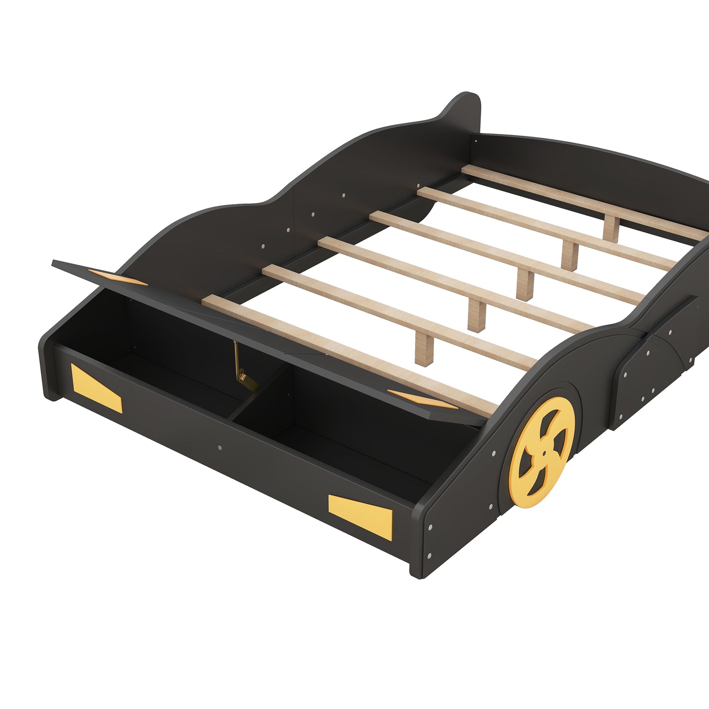 Full Size Race Car-Shaped Platform Bed with Wheels and Storage, Black+Yellow