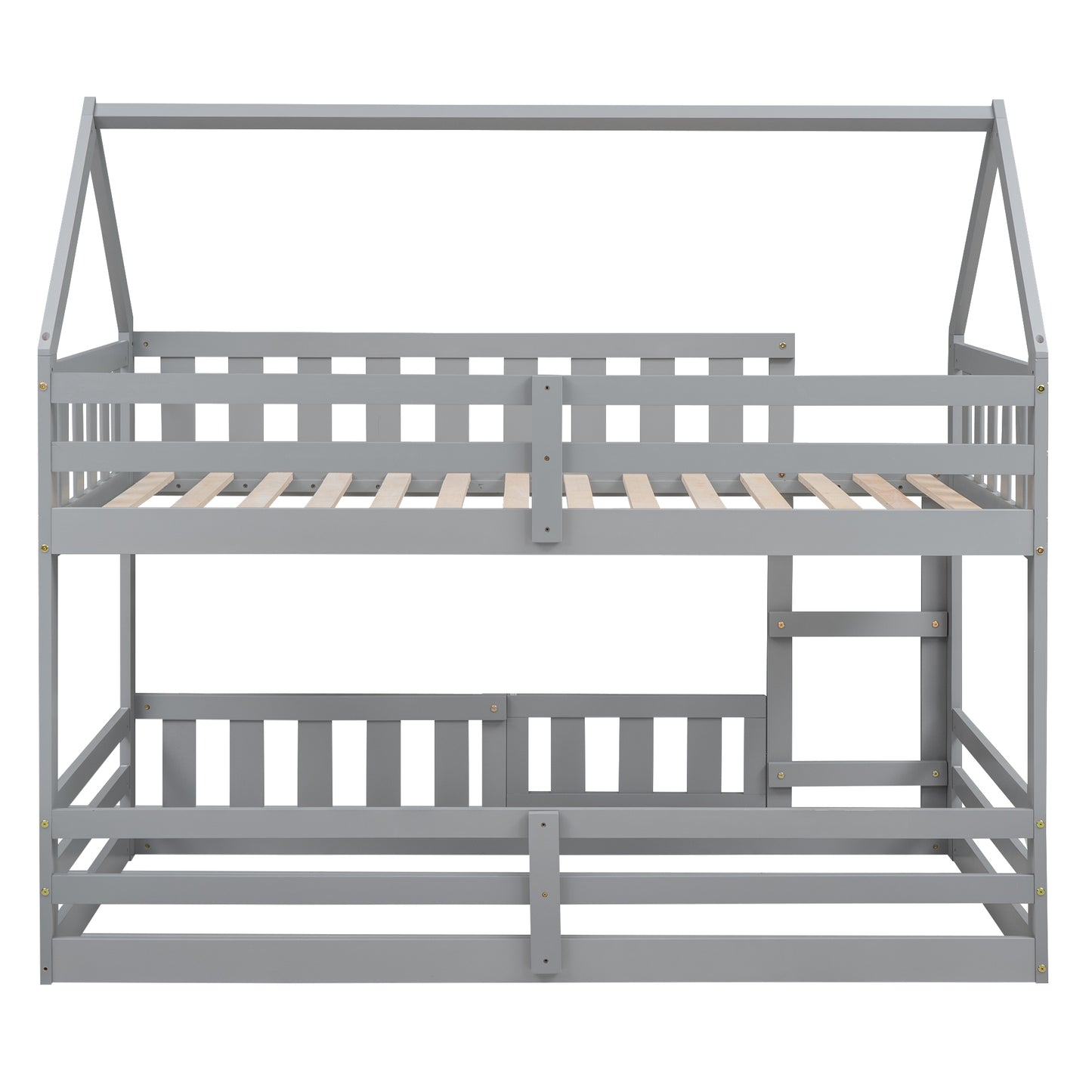 Twin House Bunk Bed with Gray Fence and Door