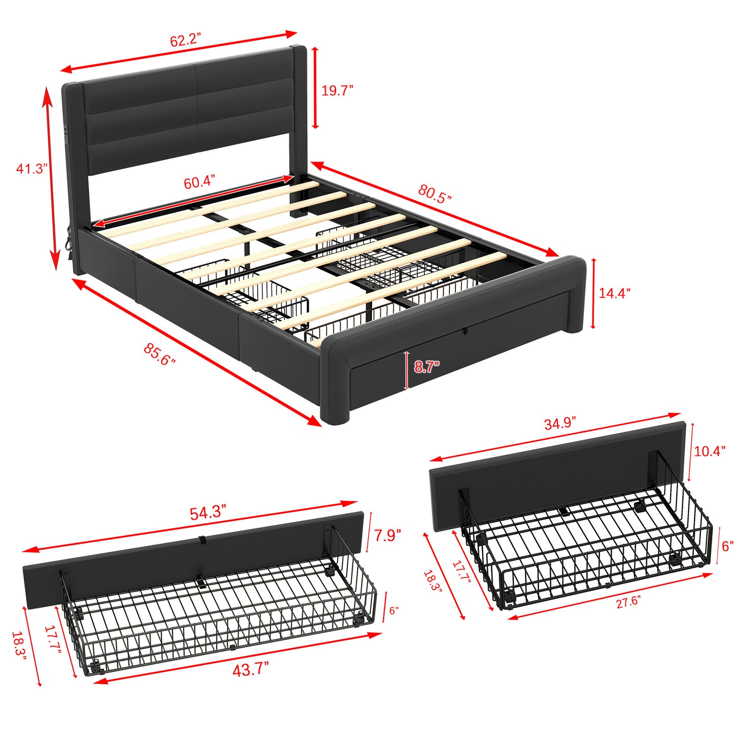 Queen Size Bed Frame with Drawers Storage, Leather Upholstered Platform Bed with Charging Station, Black