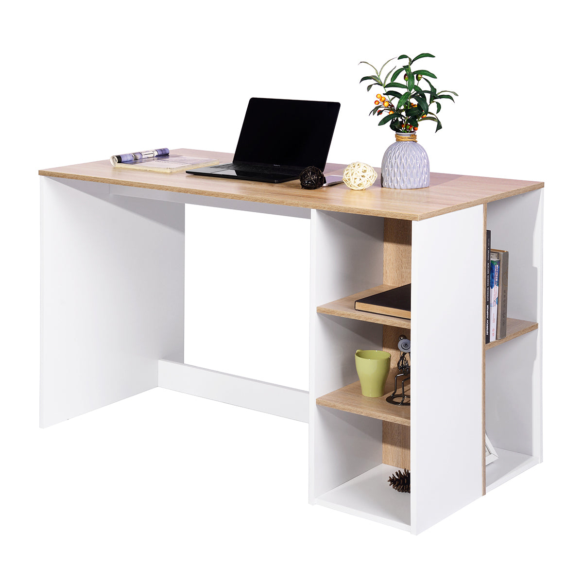 Modern Oak White Computer Desk with 5 Storage Shelves for Small Spaces