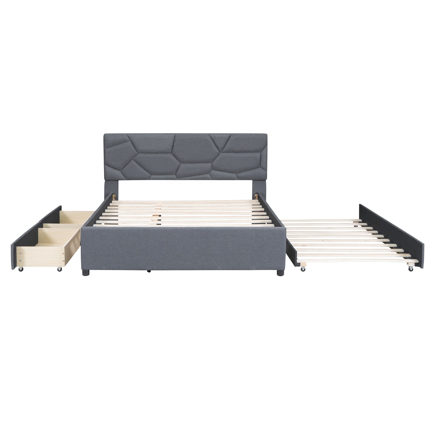 Queen Size Upholstered Platform Bed with Brick Pattern Headboard, with Twin XL Size Trundle and 2 drawers, Linen Fabric, Gray