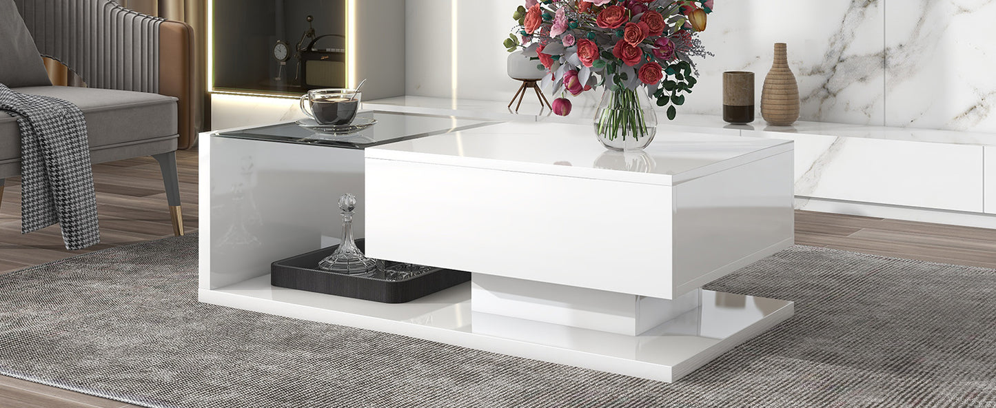 Contemporary White Coffee Table with Glass Top and High-Gloss Finish