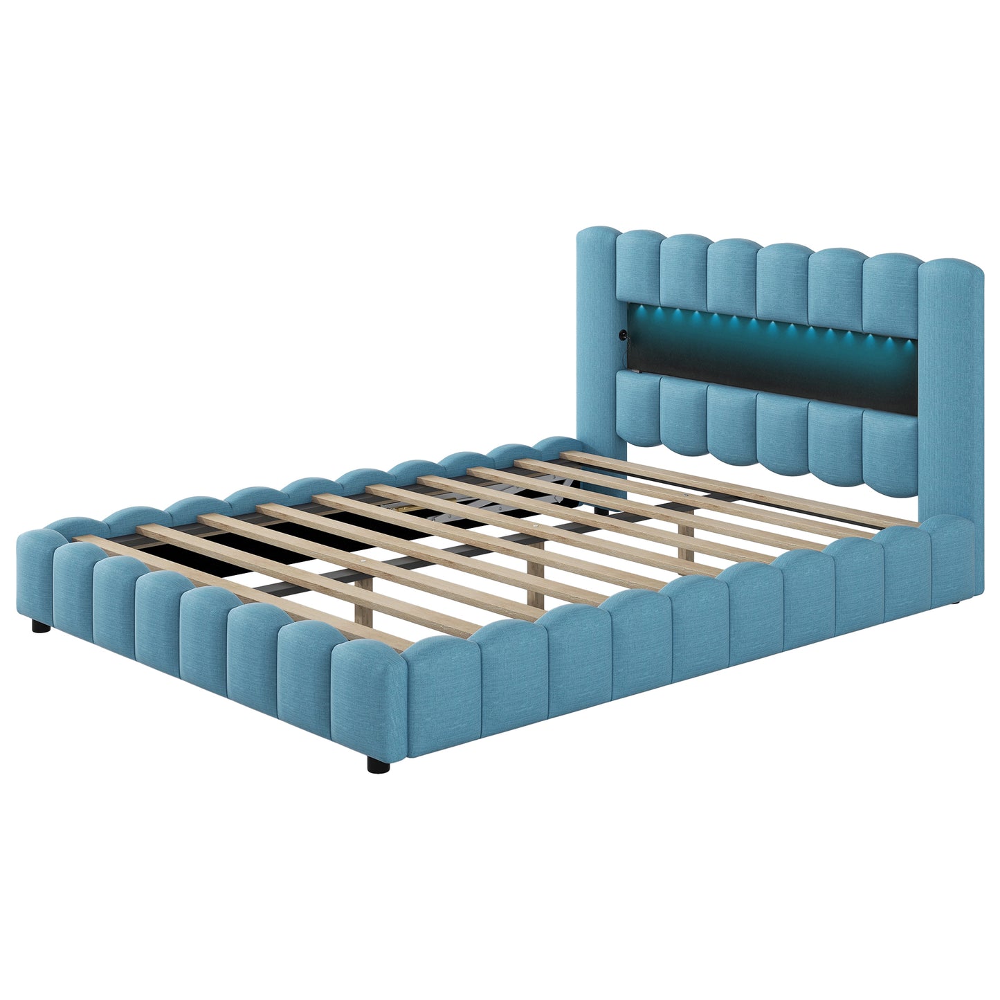 Queen Size Upholstered Platform Bed with LED Headboard and USB, Blue