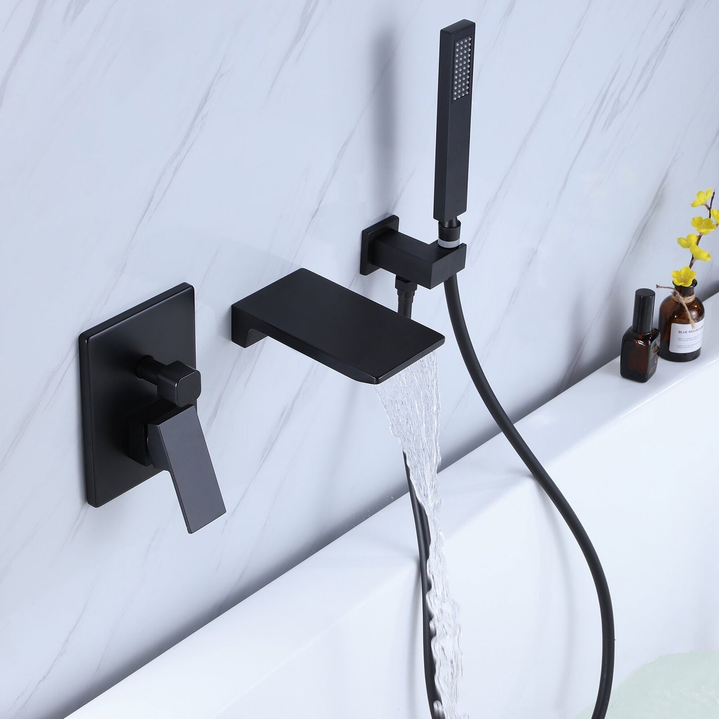 Matte Black Wall Mount Tub Faucet with Handheld Shower