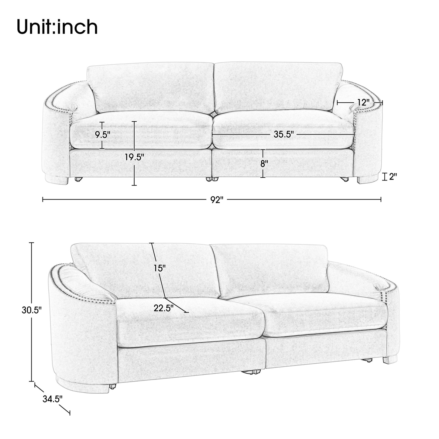 U_Style Stylish Sofa with Semilunar Arm, Rivet Detailing, and Solid Frame for Living Room