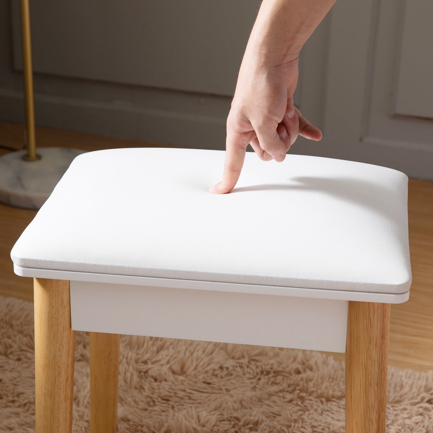 Wooden Vanity Stool Makeup Dressing Stool with PU Seat,White