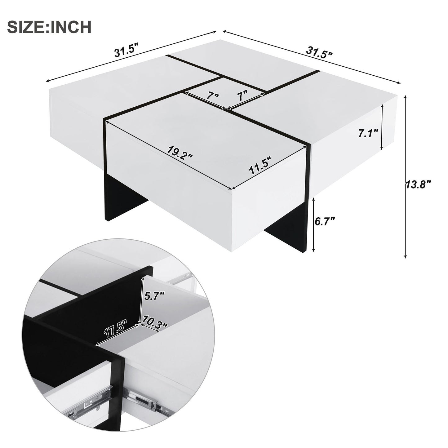 Innovative Extendable Coffee Table with Hidden Storage Compartments and Puzzle-like Design, High-gloss Center Table for Living Room, 31.5x 31.5