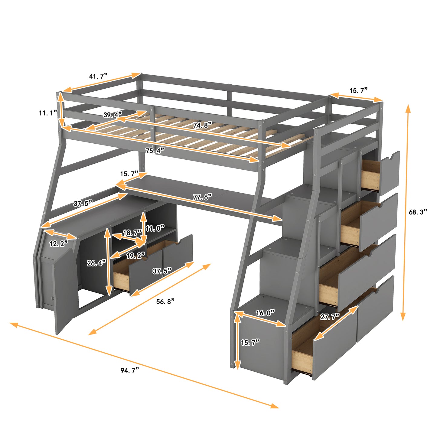 Twin Size Loft Bed with 7 Drawers 2 Shelves and Desk - Gray