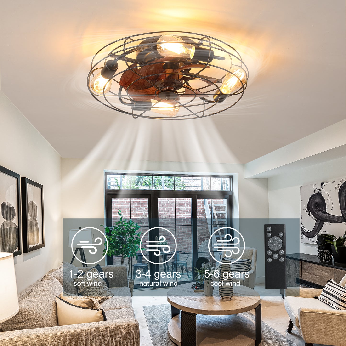 Modern Caged Ceiling Fan with Light and Remote Control