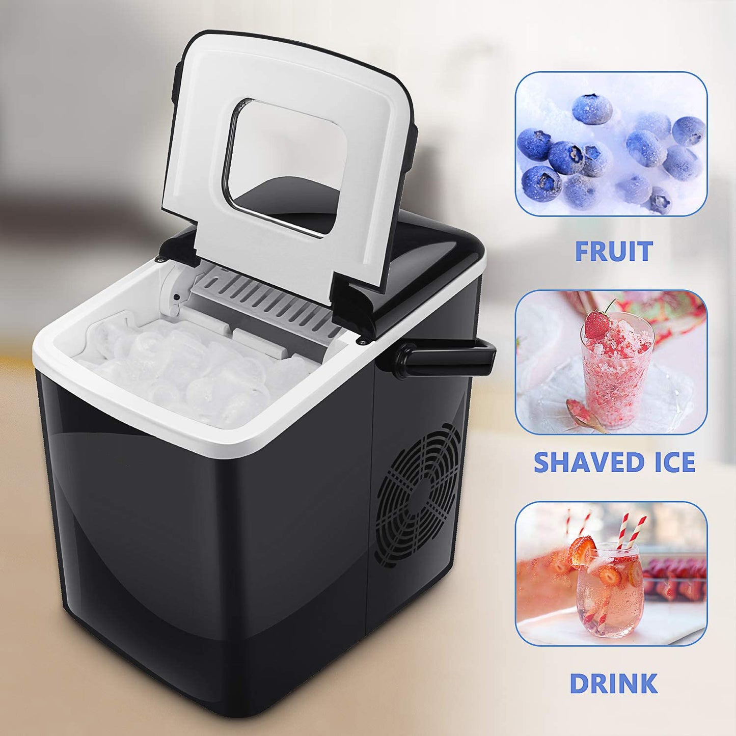 Rapid Ice Maker with Customizable Cube Sizes: 9 Cubes Ready in 9 Minutes/26lbs Daily