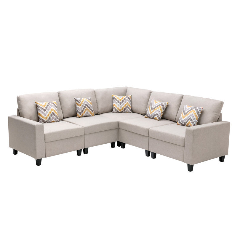 Nolan Beige Linen Fabric 5-Piece Reversible Sectional Sofa Set with Accent Pillows and Customizable Legs