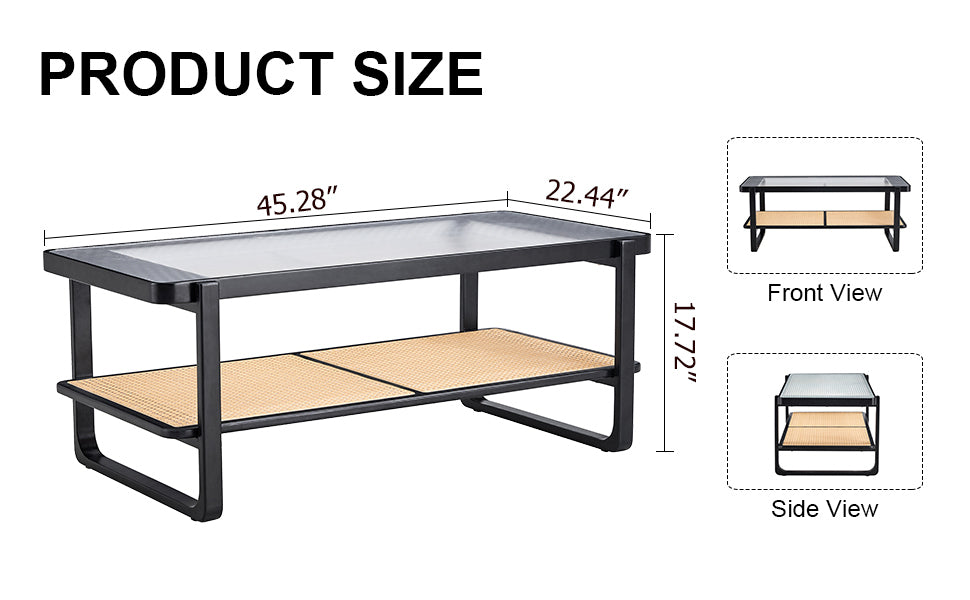 Elegant Rectangular Black Solid Wood Imitation Rattan Coffee Table with Chinese Style Side Table