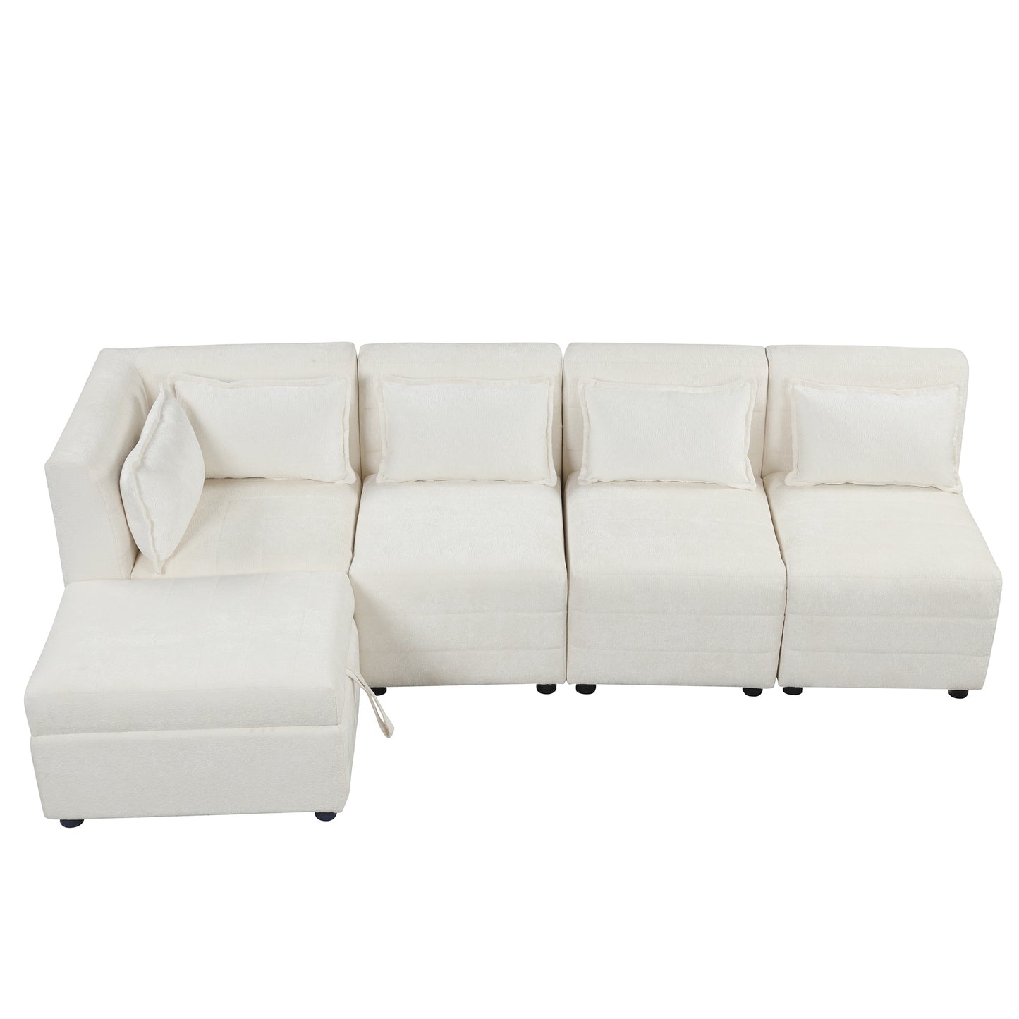 Cream 5-Seater Modular Sectional Sofa with Storage Ottoman and 5 Pillows