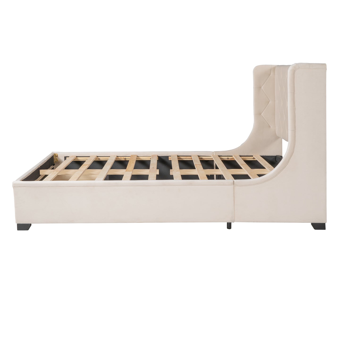 Queen Size Storage Bed Velvet Upholstered Platform Bed with Wingback Headboard and a Big Drawer (Beige)