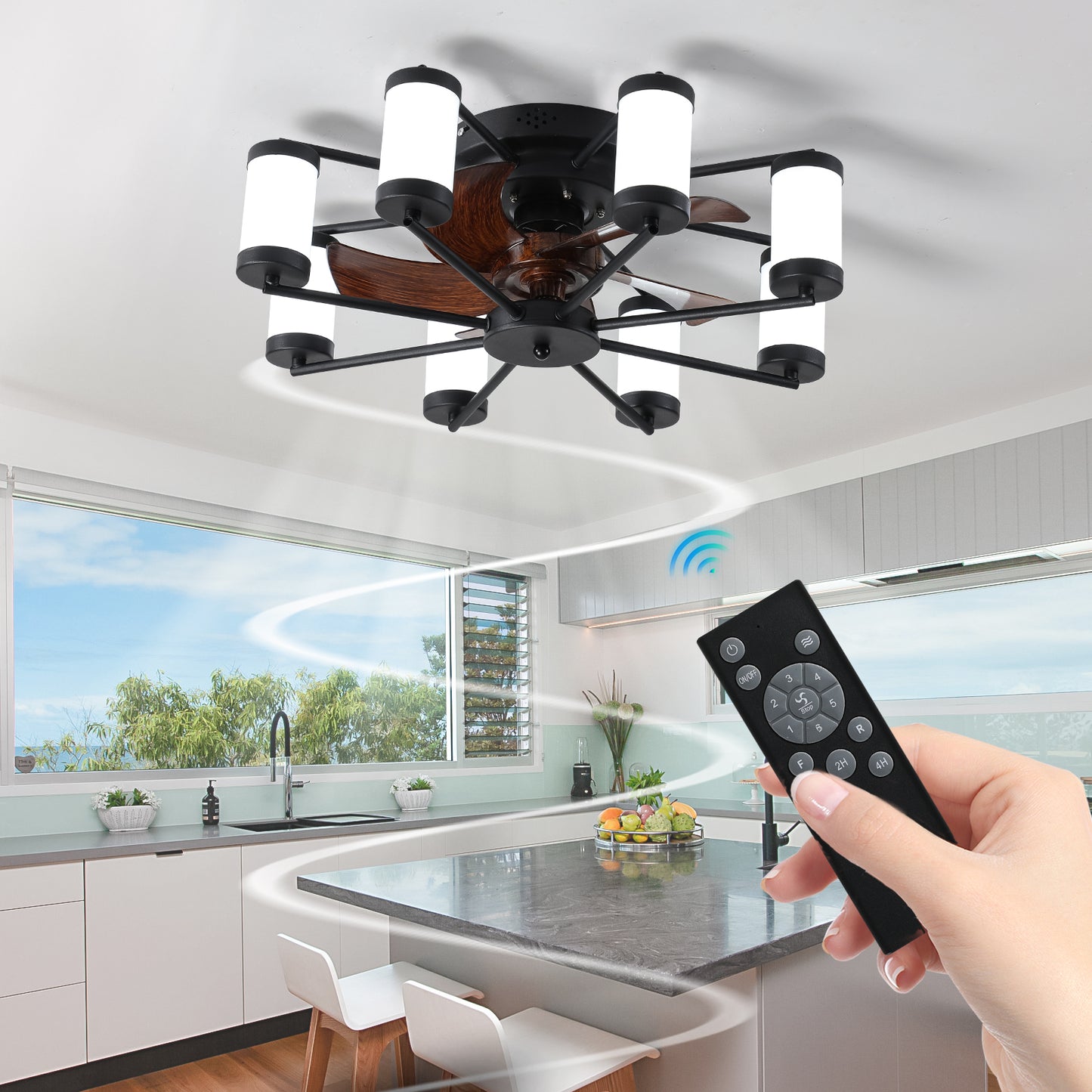 Windmill-inspired 21.7 inch Ceiling Fan Light - Flush Mount Fan with Remote Control, Timer, Black