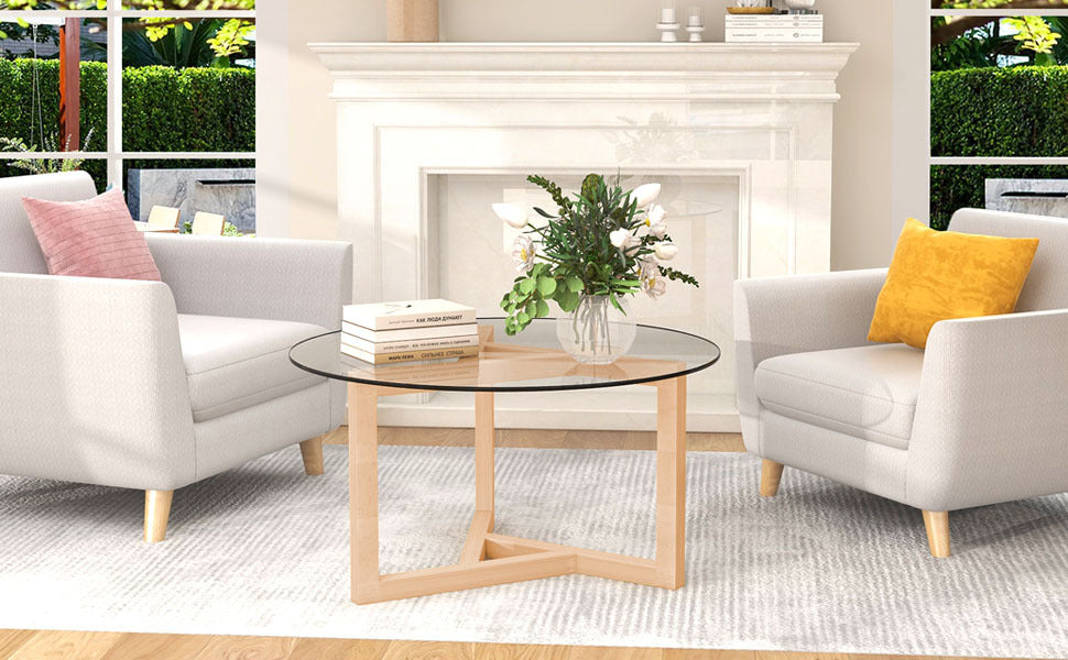 Modern Round Glass Coffee Table with Wood Base - Natural