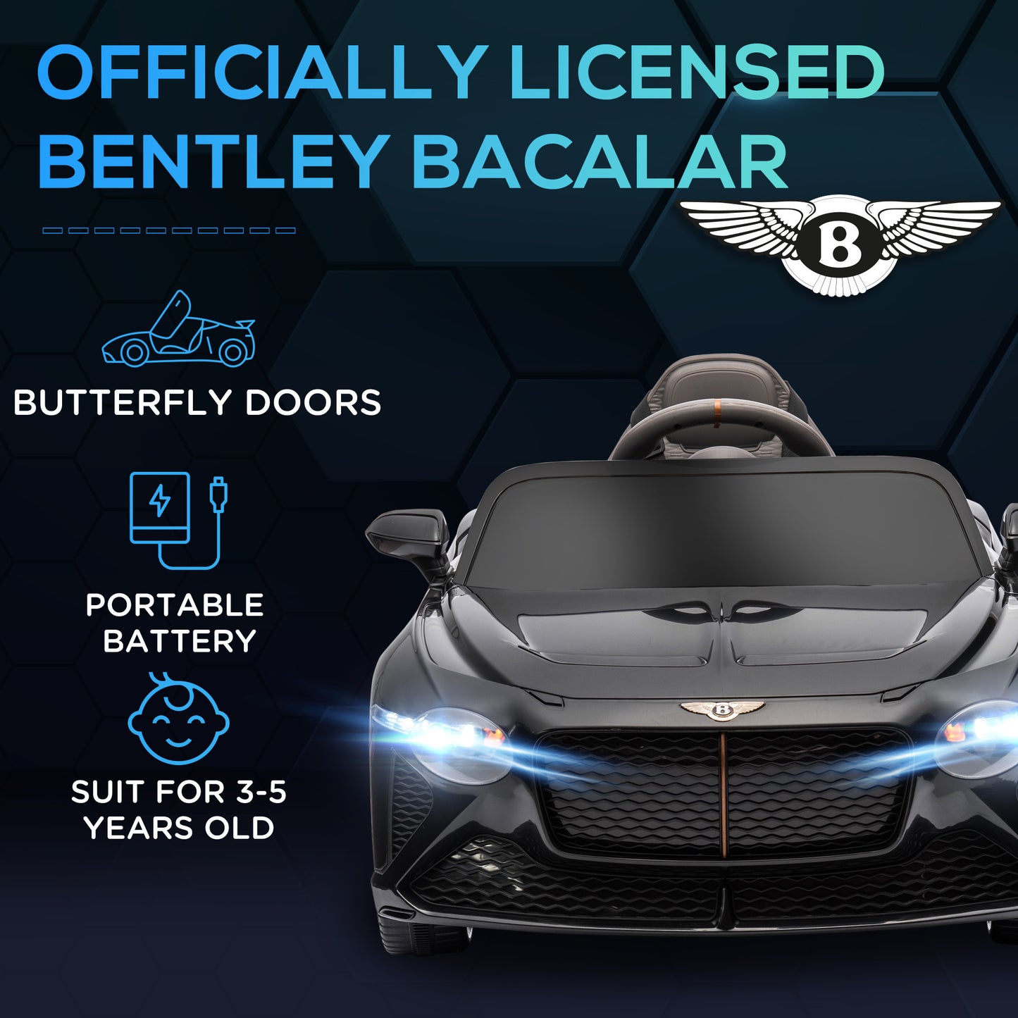 Aosom Bentley Bacalar Licensed Kids Ride on Car with Butterfly Doors, 12V Electric Car for Kids with Remote Control, Suspension System, Horn, Music, Lights, Black