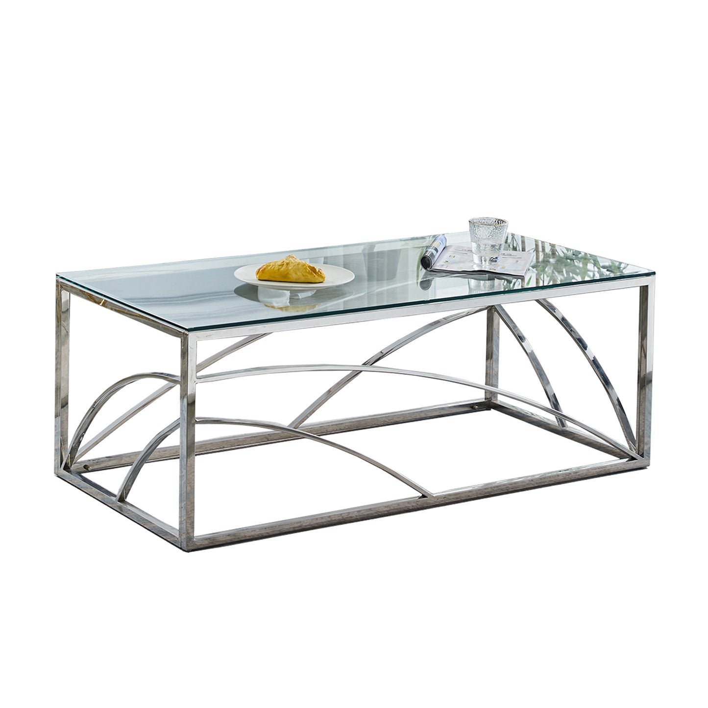 Modern Silver Stainless Steel Glass Coffee Table for Living Room