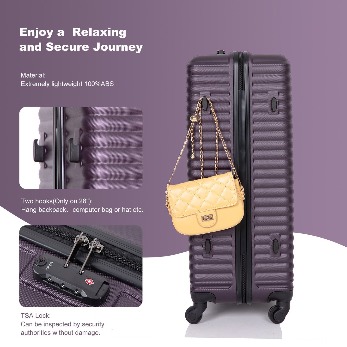 3 Piece Luggage Sets ABS Lightweight Suitcase with Two Hooks, Spinner Wheels, TSA Lock, (20/24/28) PURPLE