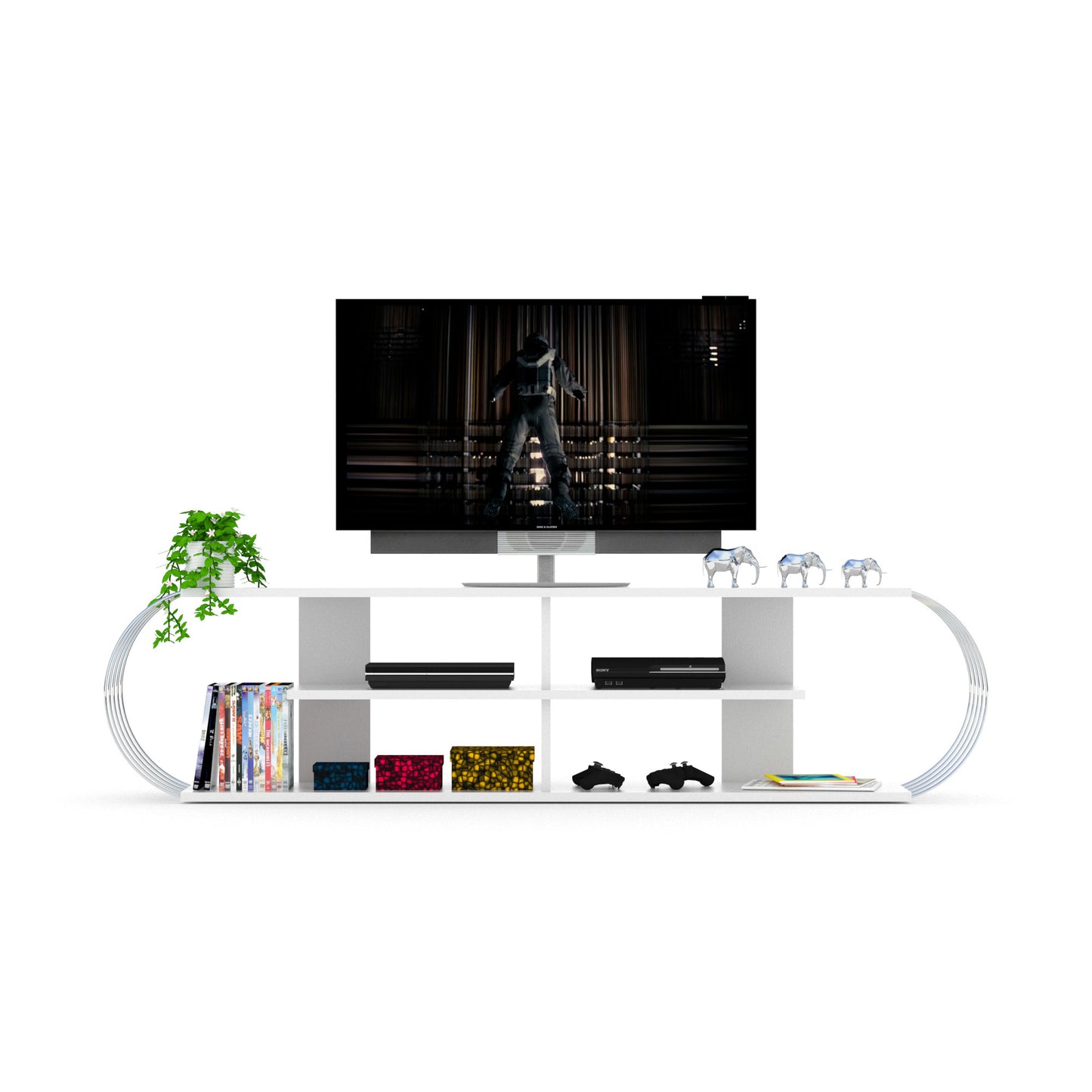 Sleek White and Chrome TV Stand with 4-Open Shelves