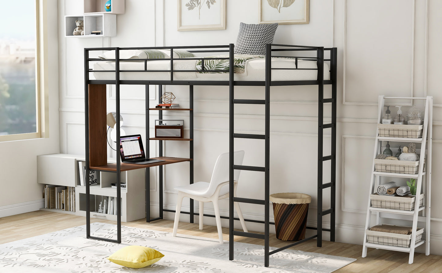 Twin Metal Loft Bed with 2 Shelves and one Desk ,BLACK(: MF281206AAB)