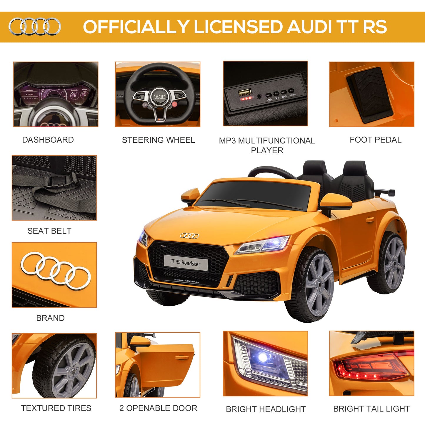 Aosom 6V Kids Electric Ride On Car, Licensed Audi TT RS with Suspension System and Remote Control, Horn, 5 Songs, Lights, MP3 Player - Yellow