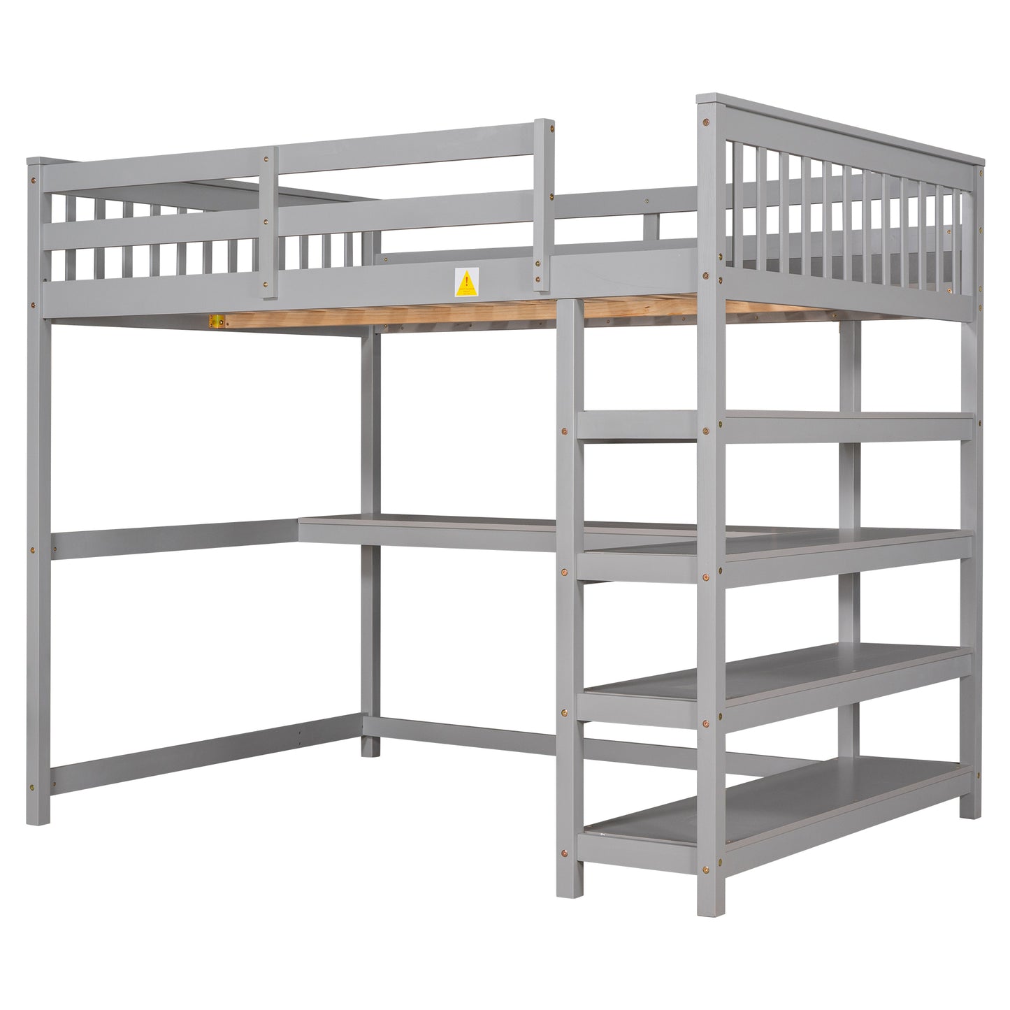 Full Size Loft Bed with Storage Shelves and Under-bed Desk, Gray